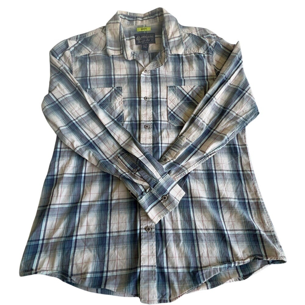 American‎ Rag Casual Blue and White Plaid Shirt Slim Fit Size Large